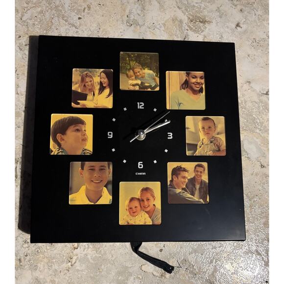 Melannco Black Aluminum Wall Clock With 8 Photo Frames on Front 9" x 9" NWT - Picture 3 of 3